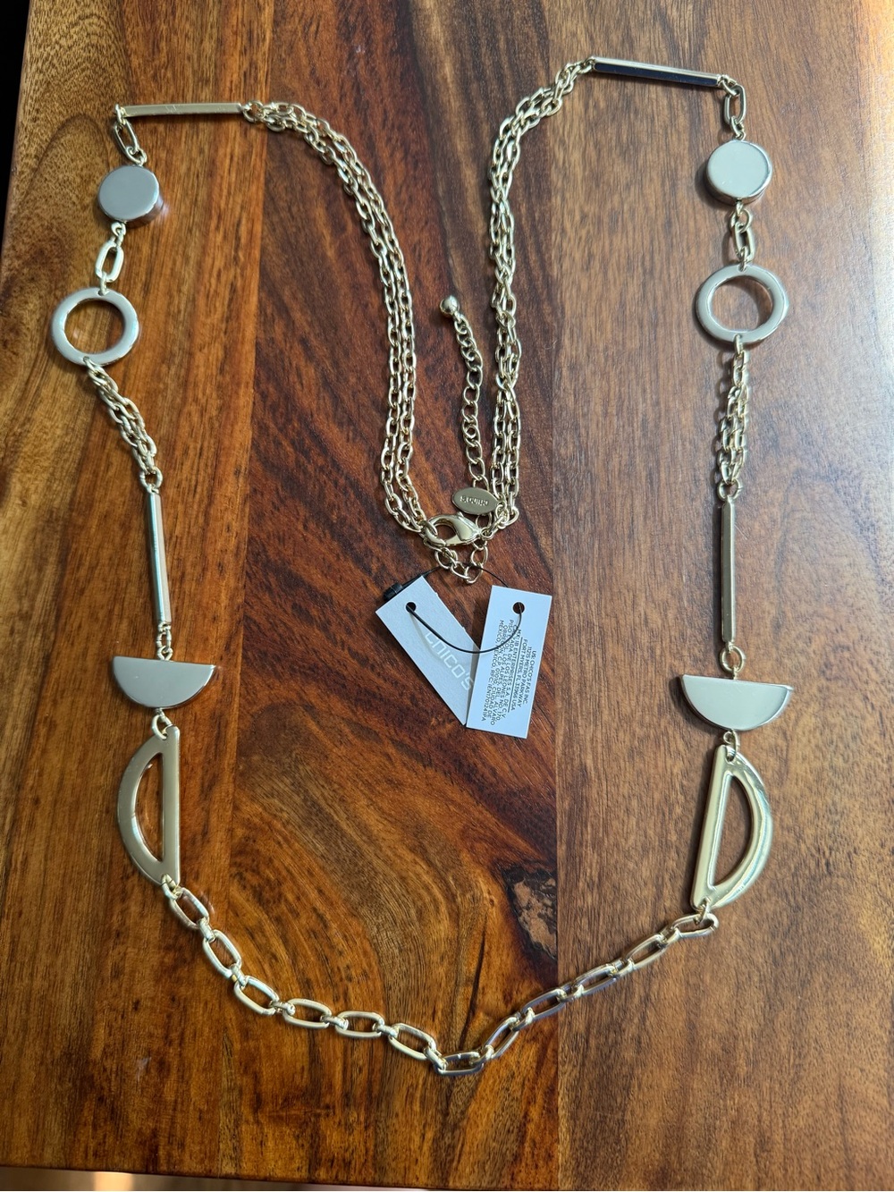 Chico's NWT Gold Tone Geometric Station Long Necklace Mixed Shapes